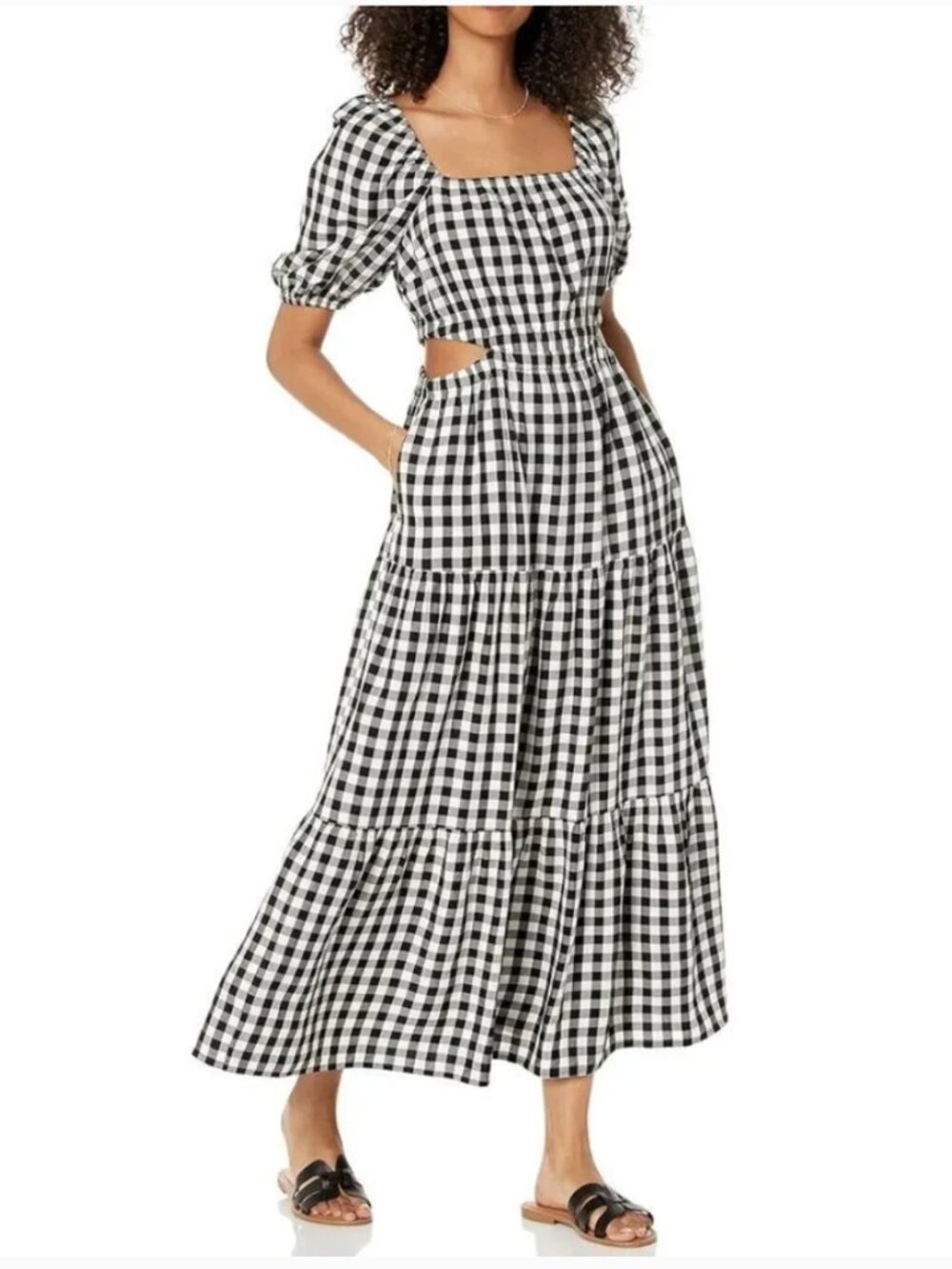 The Drop Anaya Square Neck puff sleeve Black White Gingham sundress Maxi Dress M - Picture 2 of 13